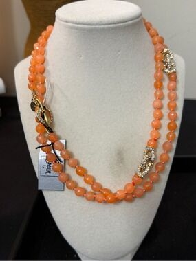 Coral-Peach Double-Strand Beaded Necklace with Gold Accents
